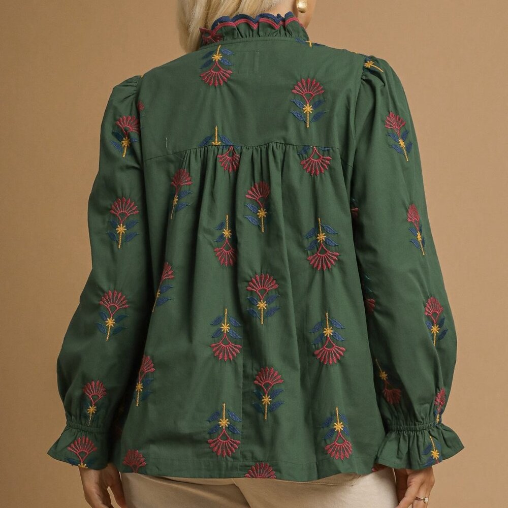 UMGEE Embroidered Floral Ruffle Neck Blouse - Hunter Green - Picture 6 of 7